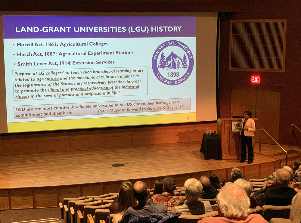 Dr. Sreekala Bajwa talking to the audience at The Bair Ranch Foundation Seminar Series